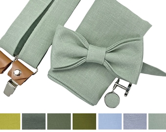 Light sage green Linen bow tie/ Linen suspenders leather ends, Linen pocket square, Braces with leather, Suspenders with clips for buttons