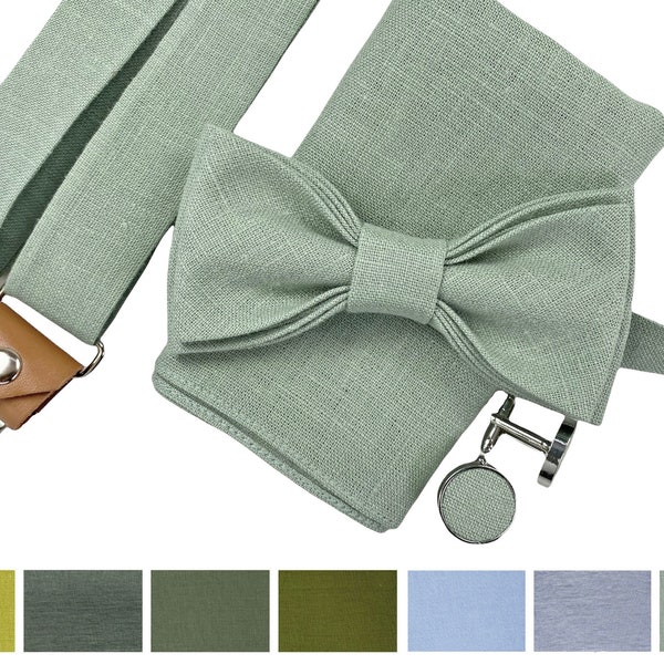 Noeud papillon en lin vert sauge clair/ extrémités en cuir de bretelles en lin, pochette en lin, bretelles avec clips pour boutons