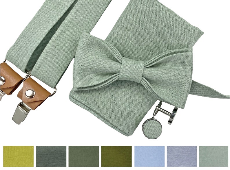 Light sage green or other color shade bow tie, cufflinks, suspenders, cufflinks for groom, best man and weddings