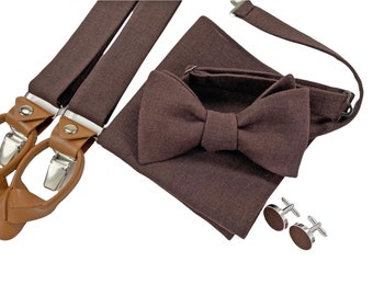 Brown Self-Tie Linen Bow Tie, Linen pocket square, Linen suspenders, Linen braces, Groomsmen bow tie, Bow tie for men, Bowtie
