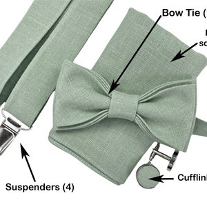 Light sage green Custom Linen bow tie, Linen pocket square, Sage green suspenders, Groomsmen bow tie, Bow tie for men, dusty sage bow tie zdjęcie 4