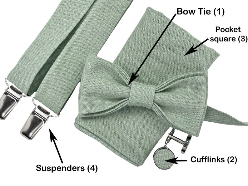 Light sage green Custom Linen bow tie, Linen pocket square, Sage green suspenders, Groomsmen bow tie, Bow tie for men, dusty sage bow tie zdjęcie 4