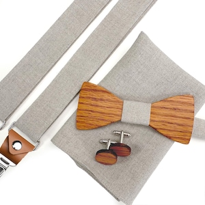 Wooden bow tie SET: wooden bow tie, cufflinks, pockets square, suspenders. Bow tie for weddings- wedding accessories- Y braces