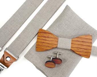 Wooden bow tie SET: wooden bow tie, cufflinks, pockets square, suspenders. Bow tie for weddings- wedding accessories- Y braces