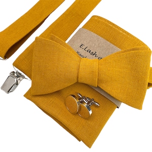 Mustard Self-Tie Linen Bow Tie, Linen pocket square, Linen suspenders, Linen braces, Groomsmen bow tie, Bow tie for men, Bowtie