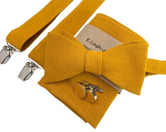 Mustard Self-Tie Linen Bow Tie, Linen pocket square, Linen suspenders, Linen braces, Groomsmen bow tie, Bow tie for men, Bowtie