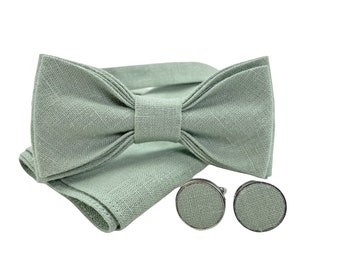 Light sage linen bow tie - Light sage bowtie - Light sage pocket square - Light sage suspenders- Light sage braces - Linen accessories