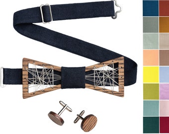Navy Blue Wooden Metal Silver Bow Tie, Wooden Cufflinks, Pockets Square, Suspenders leather ends, Dark Blue Wood Bow Tie