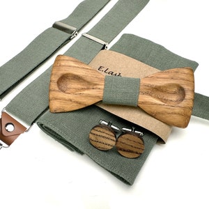 Wooden bow tie SET: Wooden Sage Green Bow tie and Cufflinks, Sage Green Suspenders, Sage green braces, Sage Pocket Square