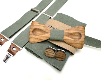 Wooden bow tie SET: Wooden Sage Green Bow tie and Cufflinks, Sage Green Suspenders, Sage green braces, Sage Pocket Square