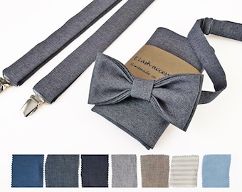 Custom Linen bow tie, Linen bow tie, Linen pocket square, Gray suspenders, Gray braces, Groomsmen bow tie, Bow tie for men, pink bow tie