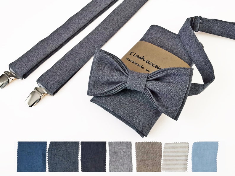 Custom Linen bow tie, Linen bow tie, Linen pocket square, Gray suspenders, Gray braces, Groomsmen bow tie, Bow tie for men, pink bow tie image 1