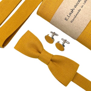 Custom color slim bow tie, Linen bow tie,  Linen pocket square, Linen suspenders, Linen braces, linen  Mustard bow tie, slim bow tie