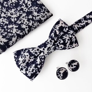 Dark blue and white flowers bow tie, pocket square, suspenders, cufflinks