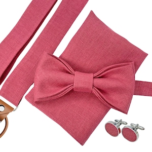 Dark rose Linen bow tie, Linen bow tie, Linen pocket square, Dark rose suspenders with leather, Braces with leather, Suspenders with clips