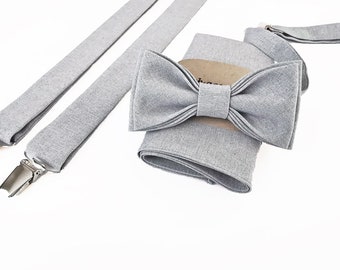 Light Grey bow tie - Light Gray bowtie - Light Grey pocket square - Light grey suspenders- light Gray braces - Light grey accessories