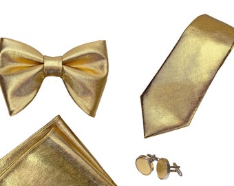Accesorios metálicos dorados: pajarita brillante de gran tamaño, corbata, gemelos, pañuelo de bolsillo, pañuelo para bodas, cumpleaños y otros eventos