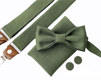 Dark Moss Green Bow tie, Suspenders, Cufflinks, Pocket square, Braces for Buttons, Custom Bow tie, Custom suspenders, Suspenders with clips