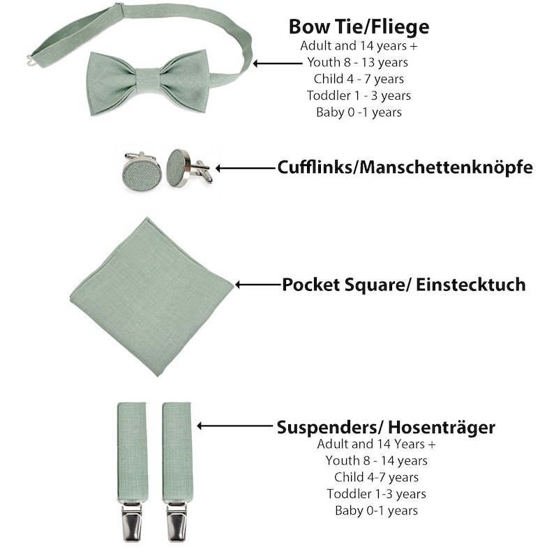 Helles Salbeigrün Accessoires für Männer, Jugendliche, Kinder,Kleinkinder,Babys und Jungen:Fliege,Hosenträger,Manschettenknöpfe,Einstecktuch Bild 4