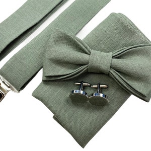 Noeud papillon de mariage vert sauge, boutons de manchette, pochette de costume et bretelles image 1