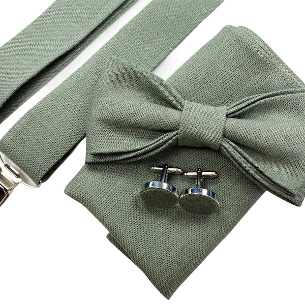 Noeud papillon de mariage vert sauge, boutons de manchette, pochette de costume et bretelles