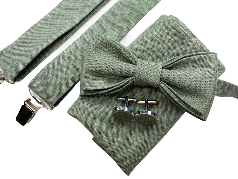 Sage green Linen bow tie, Linen bow tie, Linen pocket square, Sage green suspenders, Sage green braces, Bowtie for men, Sage green bow tie image 1