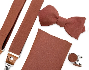Self-Tie Linen Bow Tie, Linen Suspenders with leather, Linen pocket square, Linen cufflinks