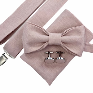 Dusty rose linen bow tie - Dusty rose bowtie - Dusty rose pocket square - Dusty rose suspenders- Dusty rose braces - Dusty rose accessories