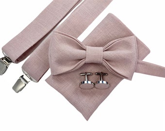 Noeud papillon en lin rose poussiéreux - Nœud papillon rose poussiéreux - Carré de poche rose poussiéreux - Bretelles rose poussiéreuse - Broches roses poussiéreuses - Accessoires rose poussiéreux