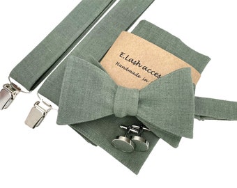 Sage Green Self-Tie Linen Bow Tie, Linen pocket square, Linen suspenders, Linen braces, Groomsmen bow tie, Bow tie for men, Bowtie
