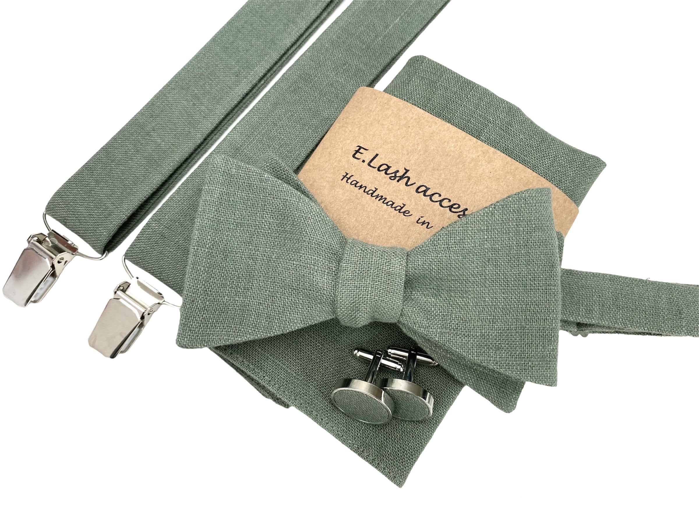 Sage Green Self-Tie Linen Bow Tie, Linen pocket square, Linen suspenders, Linen braces, Groomsmen bow tie, Bow tie for men, Bowtie