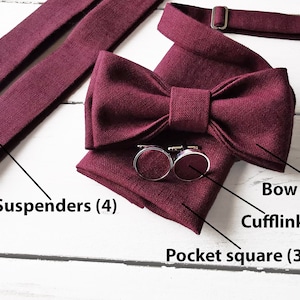 Custom Linen bow tie, Linen bow tie, Linen pocket square, Gray suspenders, Gray braces, Groomsmen bow tie, Bow tie for men, pink bow tie image 3