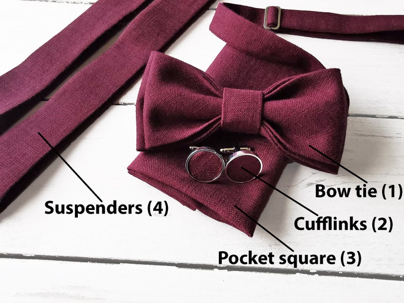 Custom Linen bow tie, Linen bow tie, Linen pocket square, Gray suspenders, Gray braces, Groomsmen bow tie, Bow tie for men, pink bow tie image 3