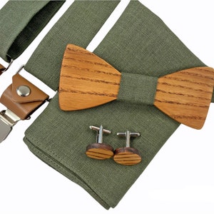 Wooden bow tie SET wooden bow tie, cufflinks, pockets square, suspenders, Green Bow tie, Green suspenders, wedding accessories, green braces SET: (1)+(2)+(3)+(4)