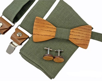 Wooden bow tie SET wooden bow tie, cufflinks, pockets square, suspenders, Green Bow tie, Green suspenders, wedding accessories, green braces