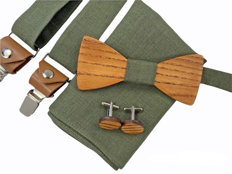 Wooden bow tie SET wooden bow tie, cufflinks, pockets square, suspenders, Green Bow tie, Green suspenders, wedding accessories, green braces SET: (1)+(2)+(3)+(4)