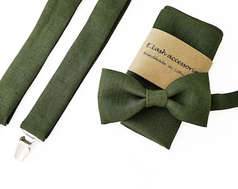 Pajarita de lino verde musgo oscuro - pajarita-pañuelo de bolsillo de lino- tirantes de lino- tirantes de lino- accesorios de lino de boda- pajarita de padrinos de boda