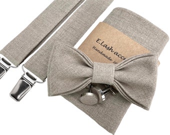 Natural Linen Color bow tie - Linen pocket square- linen suspenders- linen braces- wedding linen accessories- groomsmen linen bow tie