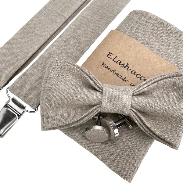 Natural Linen Color bow tie - Linen pocket square- linen suspenders- linen braces- wedding linen accessories- groomsmen linen bow tie