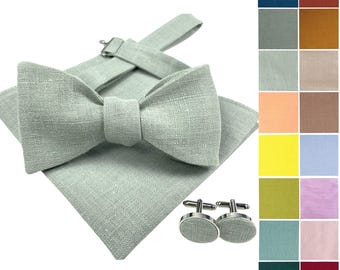Light sage green Self-Tie Linen Bow Tie, Light sage green pocket square, Light sage green suspenders, Groomsmen bow tie