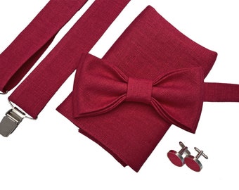 Pajarita de lino rojo oscuro, pajarita de lino, pañuelo de bolsillo de lino, tirantes rojos, pajarita de padrinos de boda, pajarita para hombres, pajarita personalizada