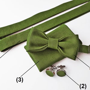 Dark moss green Linen bow tie linen pocket square linen suspenders linen braces wedding linen accessories groomsmen bow tie image 9