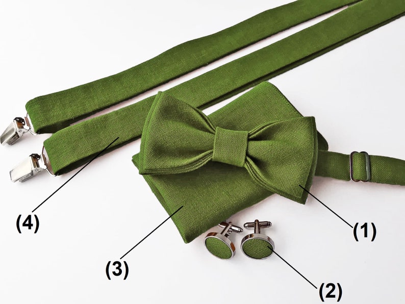 Dark moss green Linen bow tie linen pocket square linen suspenders linen braces wedding linen accessories groomsmen bow tie image 9