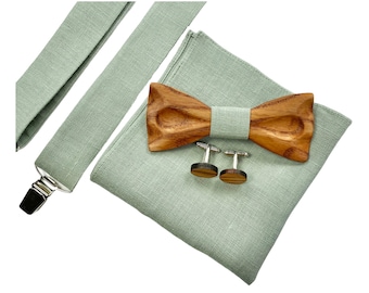Pajarita de madera verde salvia clara- pajarita de madera y gemelos- pajarita para bodas - tirantes- gemelos de madera- pañuelo de bolsillo