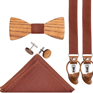 Burnt Orange Wooden Bow Tie SET: Woden Cufflinks, Linen Pocket Square, Suspenders with Leather end, Orange, Honey, Brown, Camel Bow Tie