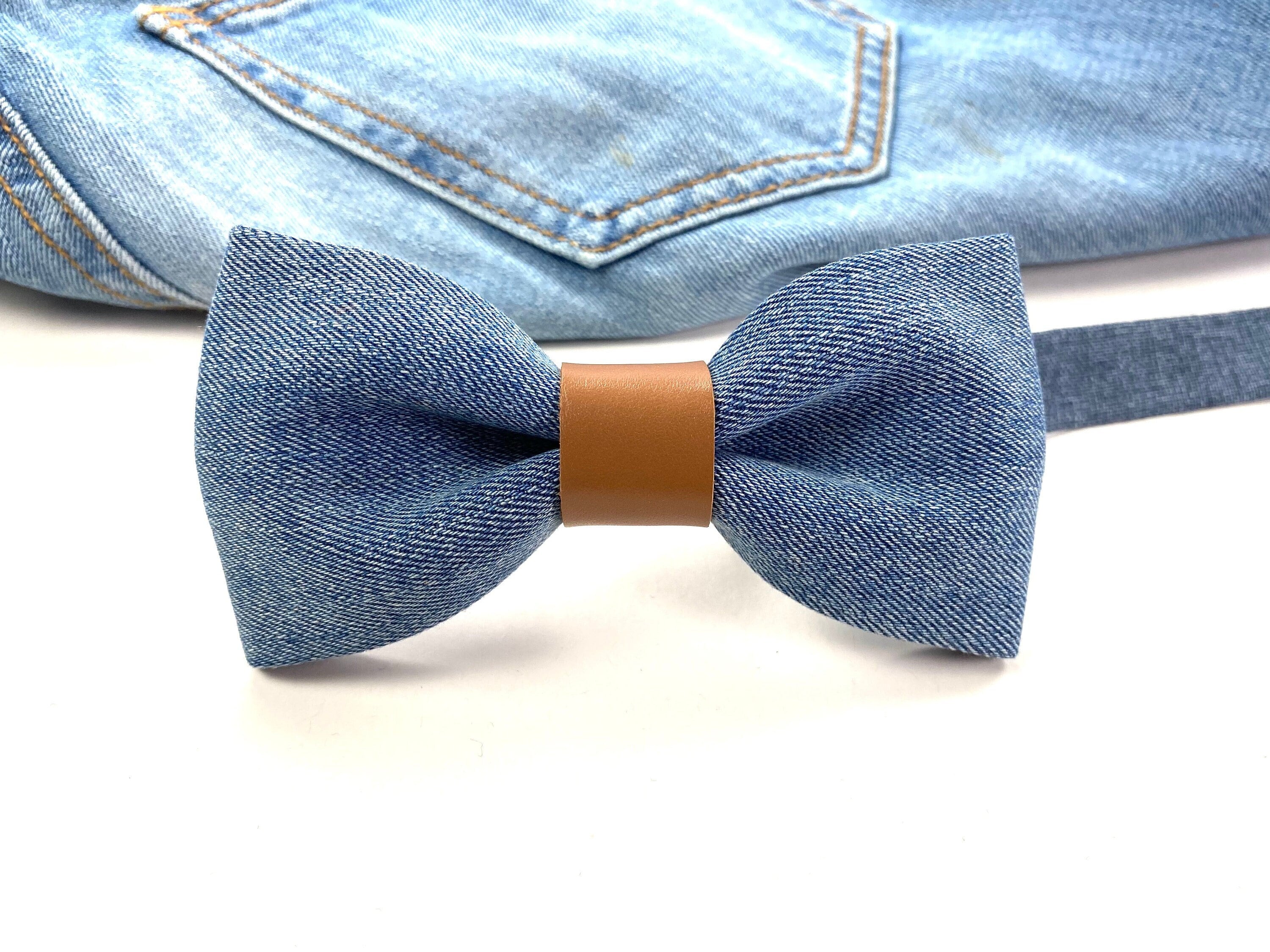 A pair of customized jeans, belt, bow tie & tie! Jeans Bow Tie, Blue Denim Bow Tie, Sustainable Bow Tie, Bow  main image 3