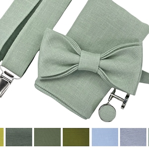 Light sage green Custom Linen bow tie, Linen pocket square, Sage green suspenders, Groomsmen bow tie, Bow tie for men, dusty sage bow tie