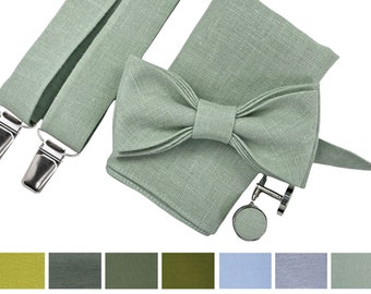 Pajarita de lino personalizada de color verde salvia claro, pañuelo de bolsillo de lino, tirantes verdes salvia, pajarita de padrinos de boda, pajarita para hombres, pajarita de salvia polvorienta