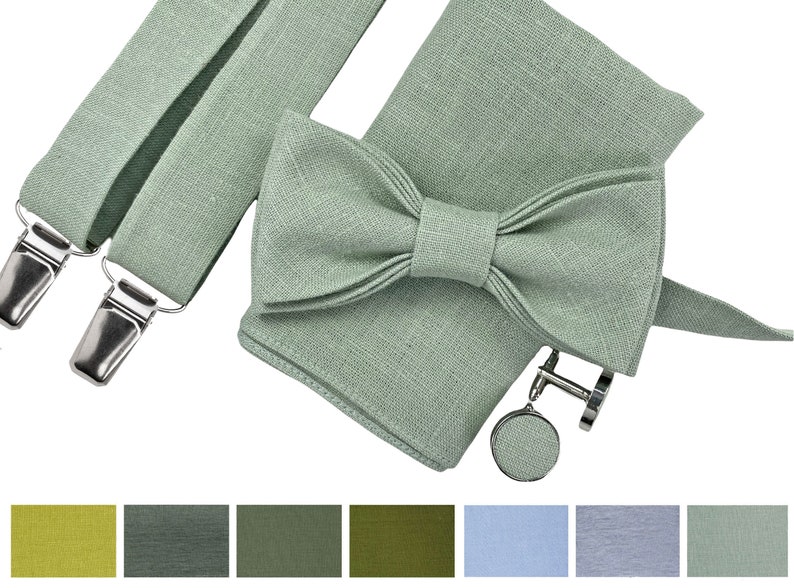 Light sage green Custom Linen bow tie, Linen pocket square, Sage green suspenders, Groomsmen bow tie, Bow tie for men, dusty sage bow tie zdjęcie 1