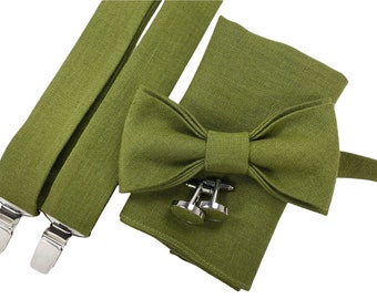 Olive Green Linen bow tie, Linen pocket square, Olive Green suspenders, Olive braces, Groomsmen bow tie, Bow tie for men, Olive  bow tie